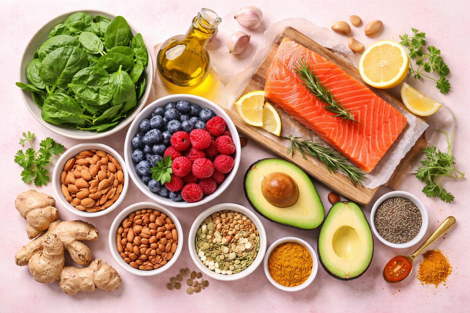 Anti-inflammatory whole foods representing the nutritional strategies for muscle tone